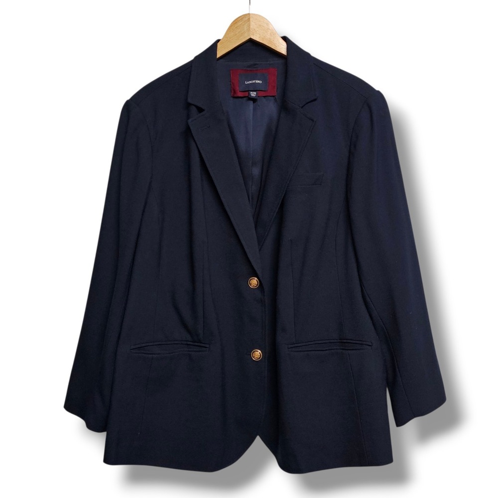 Lands' End Wool Blazer 24W Womens Navy Blue Two Button Gold Crest Classic Jacket